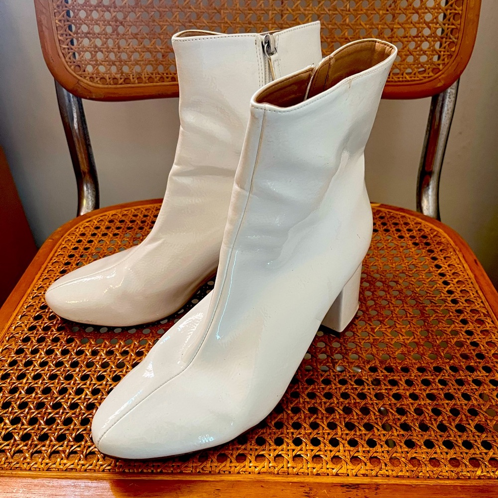 White patent leather ankle boots